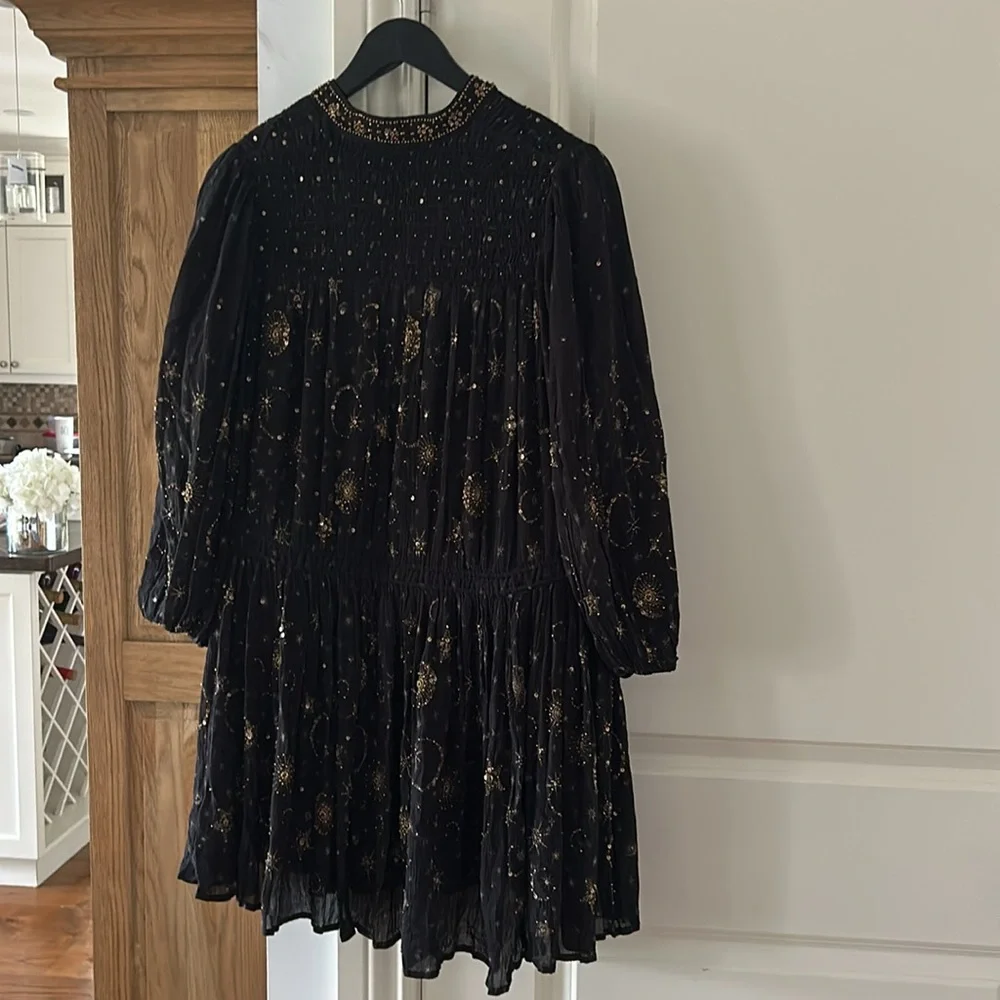 All Saints Black and Gold Smocked A-Line Dress - Picture 9 of 15